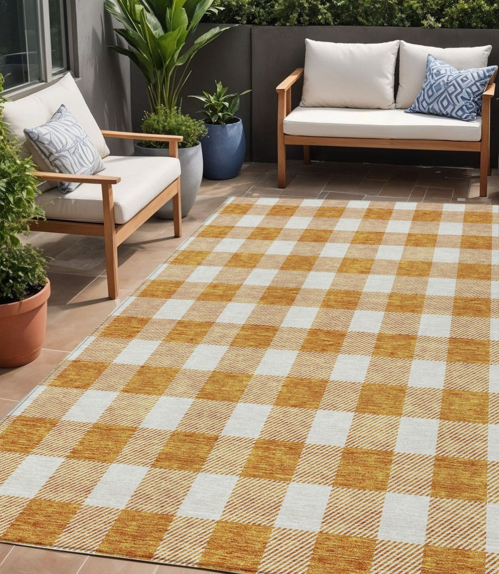 HomeRoots 5' Orange and Beige Plaid Indoor Outdoor Area Rug – Durable, Stain-Resistant, Machine Washable Design 5' X 8' 595416