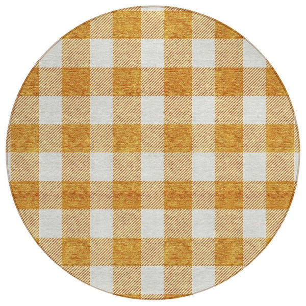 HomeRoots 5' Orange and Beige Plaid Indoor Outdoor Area Rug – Durable, Stain-Resistant, Machine Washable Design 8' Round 595417