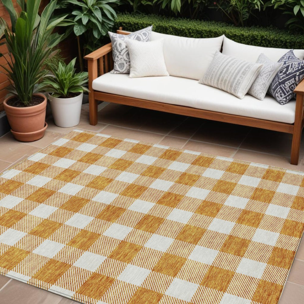 HomeRoots 9' X 12' Orange and Beige Plaid Area Rug – Durable, Washable, Stylish for Indoor & Outdoor Spaces 595419