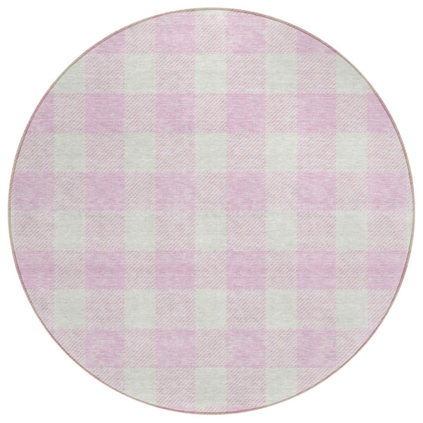 HomeRoots 5' Stylish Pink and Gray Plaid Area Rug for Indoor and Outdoor Use – Durable, Washable, Versatile Decor 8' Round 595423