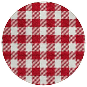 HomeRoots 5' Red and Ivory Plaid Washable Area Rug for Indoor and Outdoor Use - Durable, Stylish, Versatile Accent 8' Round 595429