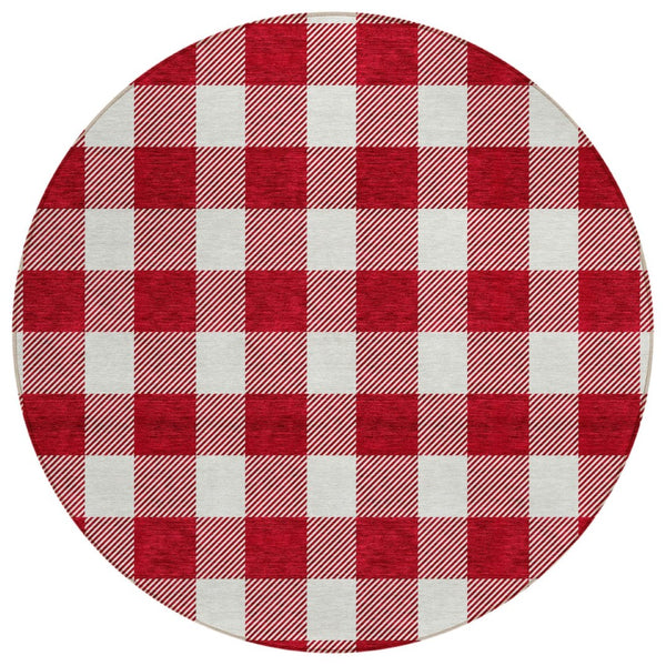HomeRoots 5' Red and Ivory Plaid Washable Area Rug for Indoor and Outdoor Use - Durable, Stylish, Versatile Accent 8' Round 595429
