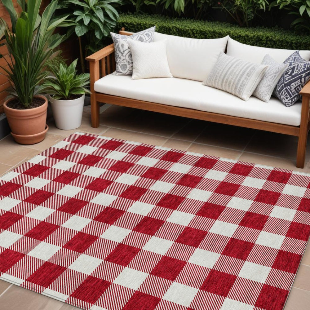 HomeRoots 5' Red and Ivory Plaid Washable Area Rug for Indoor and Outdoor Use - Durable, Stylish, Versatile Accent 8' X 10' 595430