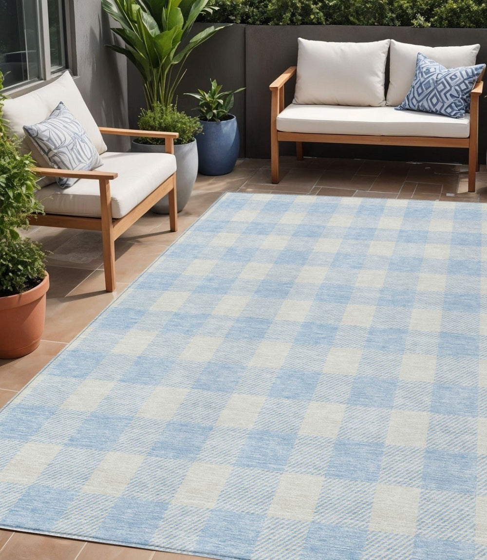 HomeRoots 5' Sky Blue and Gray Plaid Area Rug – Durable, Washable, Stylish for Indoor and Outdoor Spaces 5' X 8' 595434