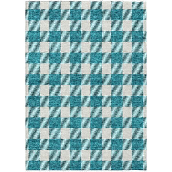 HomeRoots 5' Stylish Teal Blue & Gray Plaid Washable Area Rug for Indoor & Outdoor Use - Easy Care Design 5' X 8' 595440