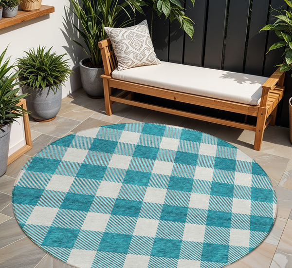 Homeroots 3' Artichoke Green And Gray Plaid Washable Rug – Perfect For Indoor And Outdoor Spaces, Durable Design 8' Round Polyester 595441