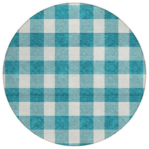 HomeRoots 5' Stylish Teal Blue & Gray Plaid Washable Area Rug for Indoor & Outdoor Use - Easy Care Design 8' Round 595441
