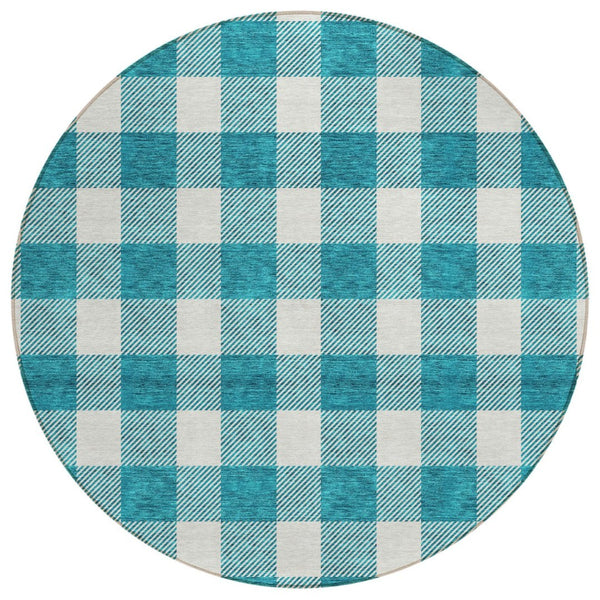 HomeRoots 5' Stylish Teal Blue & Gray Plaid Washable Area Rug for Indoor & Outdoor Use - Easy Care Design 8' Round 595441
