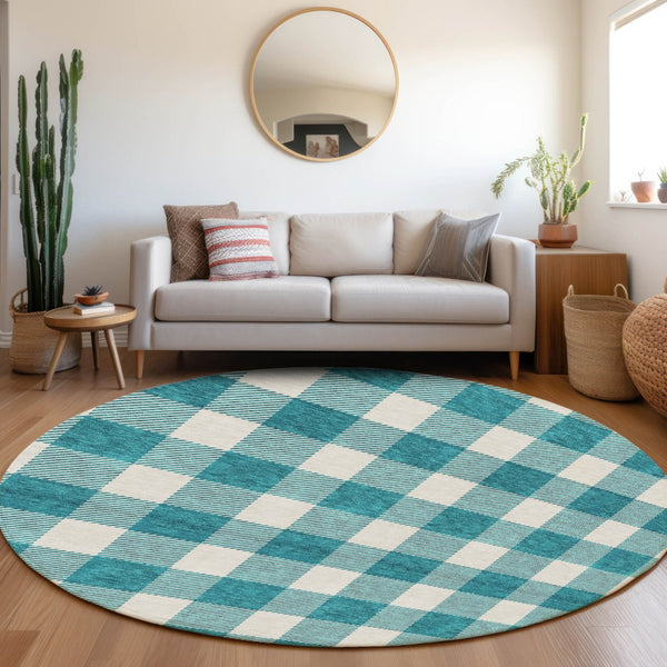 Homeroots 3' Artichoke Green And Gray Plaid Washable Rug – Perfect For Indoor And Outdoor Spaces, Durable Design 8' Round Polyester 595441