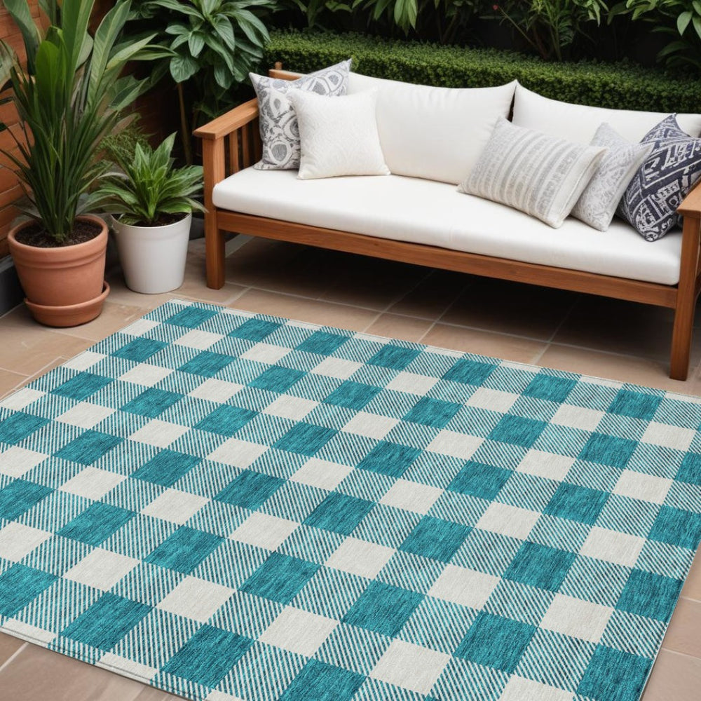 HomeRoots 9' X 12' Teal Blue and Gray Plaid Area Rug - Durable, Washable, Indoor/Outdoor for High-Traffic Spaces 595443