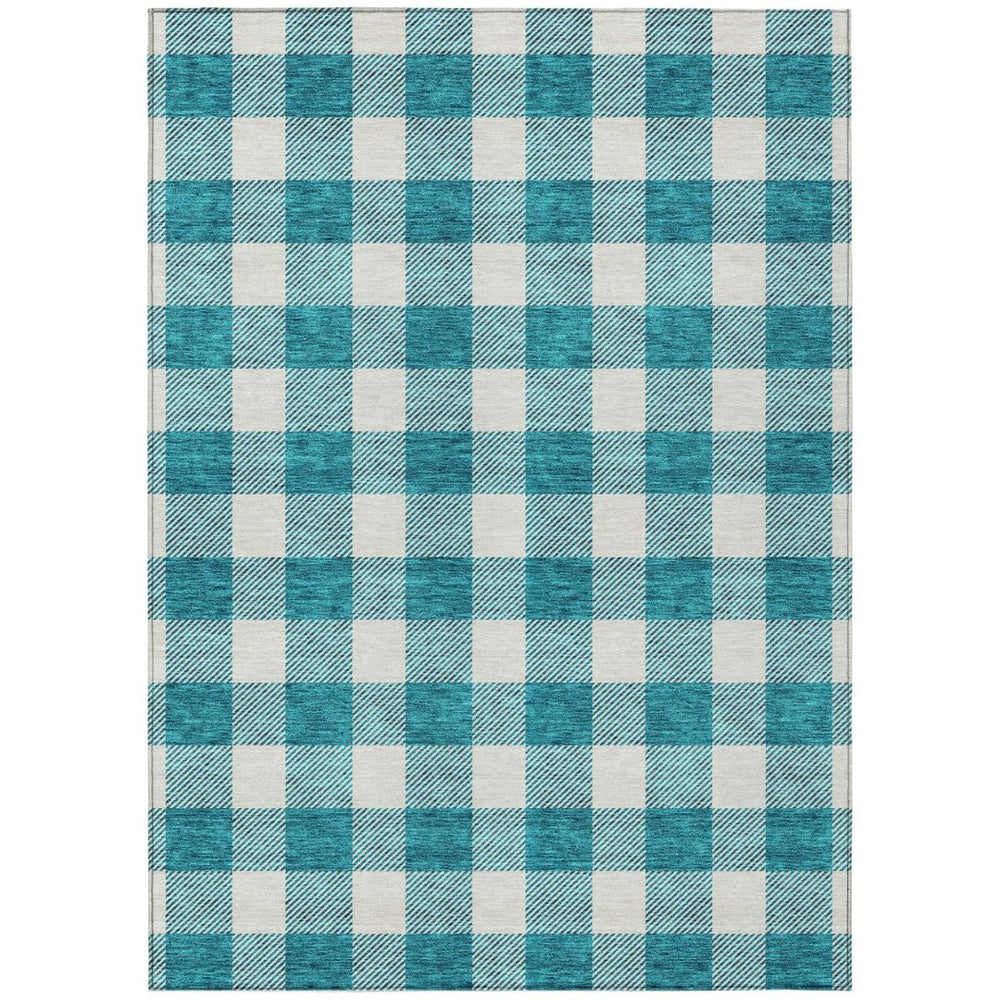 HomeRoots 5' Stylish Teal Blue & Gray Plaid Washable Area Rug for Indoor & Outdoor Use - Easy Care Design 10' X 14' 595444