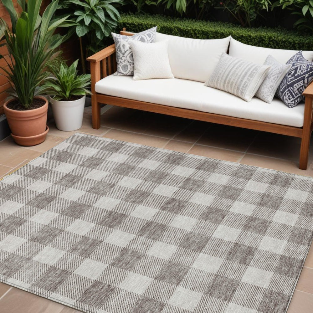 HomeRoots 9' X 12' Taupe and Gray Plaid Area Rug - Washable, Durable, Stain-Resistant for Indoor & Outdoor Use 595449