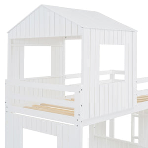 English Elm Wooden Twin Over Full Bunk Bed Farmhouse Playhouse Slide Pinewood Kids Loft White LT000328AAK
