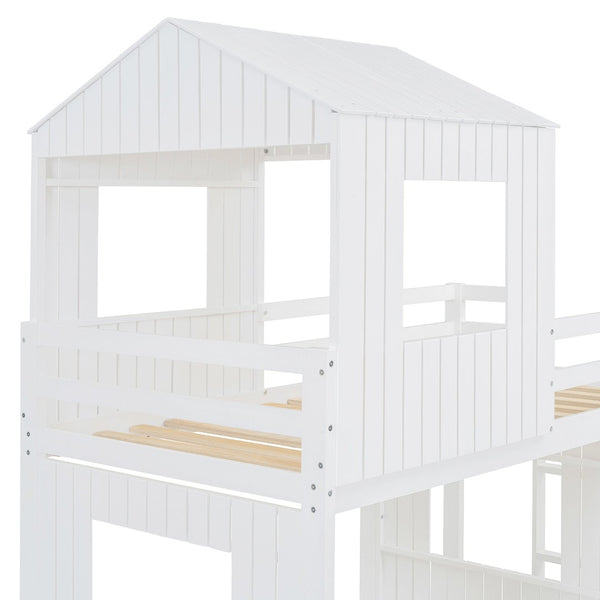 English Elm Wooden Twin Over Full Bunk Bed Farmhouse Playhouse Slide Pinewood Kids Loft White LT000328AAK