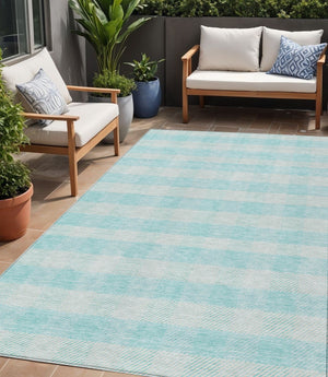 HomeRoots 5' Aqua and Ivory Plaid Indoor Outdoor Area Rug - Durable, Washable, Coastal Charm for Any Space 5' X 8' 595452