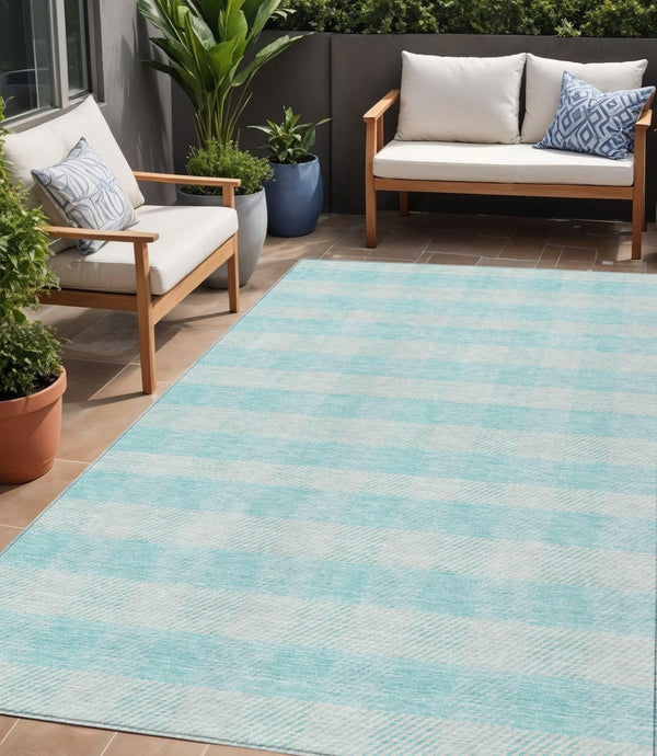 HomeRoots 5' Aqua and Ivory Plaid Indoor Outdoor Area Rug - Durable, Washable, Coastal Charm for Any Space 5' X 8' 595452