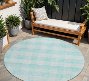 HomeRoots 5' Aqua and Ivory Plaid Indoor Outdoor Area Rug - Durable, Washable, Coastal Charm for Any Space 8' Round 595453