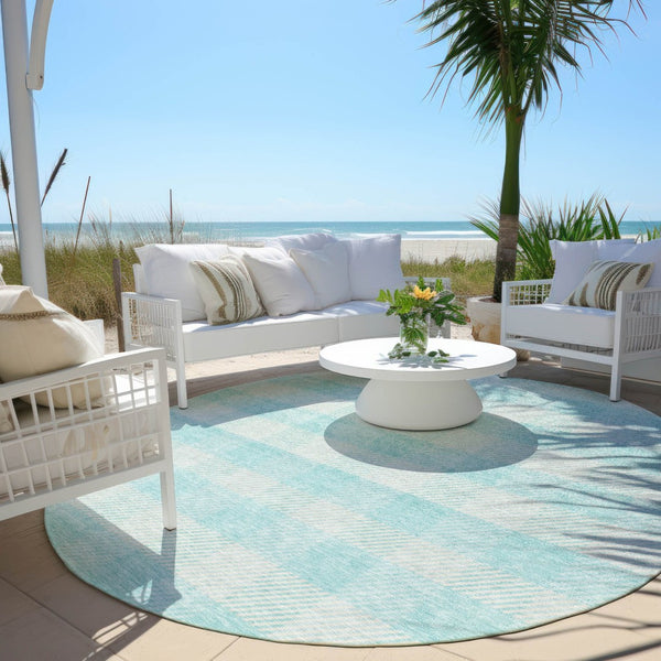 HomeRoots 5' Aqua and Ivory Plaid Indoor Outdoor Area Rug - Durable, Washable, Coastal Charm for Any Space 8' Round 595453