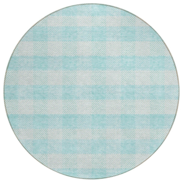 HomeRoots 5' Aqua and Ivory Plaid Indoor Outdoor Area Rug - Durable, Washable, Coastal Charm for Any Space 8' Round 595453