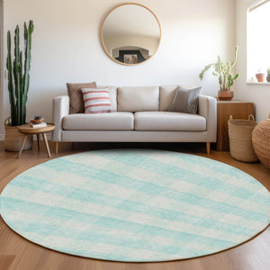HomeRoots 5' Aqua and Ivory Plaid Indoor Outdoor Area Rug - Durable, Washable, Coastal Charm for Any Space 8' Round 595453
