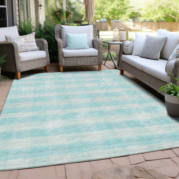 HomeRoots 5' Aqua and Ivory Plaid Indoor Outdoor Area Rug - Durable, Washable, Coastal Charm for Any Space 8' X 10' 595454