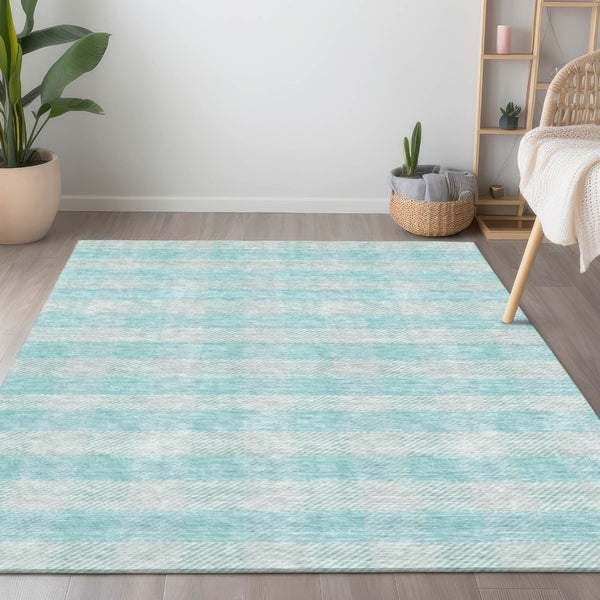 HomeRoots 9' X 12' Aqua Plaid Area Rug - Washable, Stain-Resistant, Indoor/Outdoor - Perfect for Coastal Décor! 595455