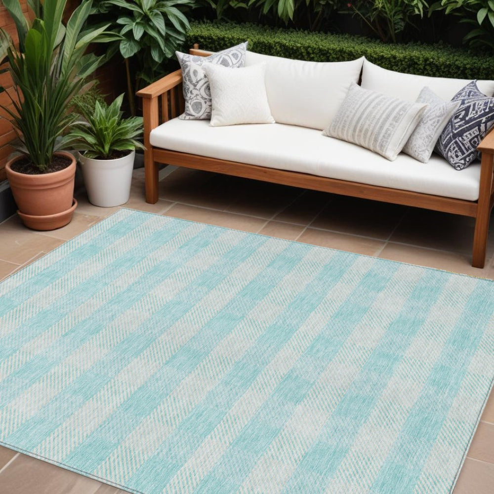 HomeRoots 5' Aqua and Ivory Plaid Indoor Outdoor Area Rug - Durable, Washable, Coastal Charm for Any Space 10' X 14' 595456