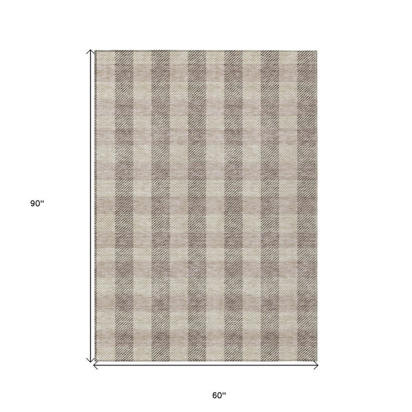 HomeRoots 5' Durable Beige and Brown Plaid Area Rug for Indoor and Outdoor Spaces, Easy-Care and Stylish 5' X 8' 595458