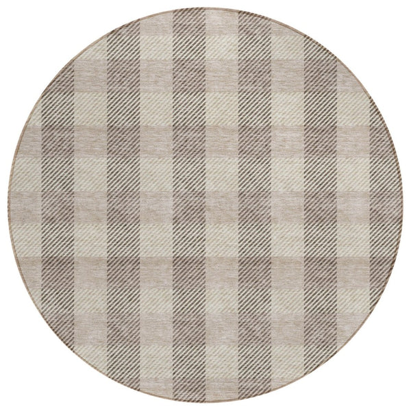 HomeRoots 5' Durable Beige and Brown Plaid Area Rug for Indoor and Outdoor Spaces, Easy-Care and Stylish 8' Round 595459