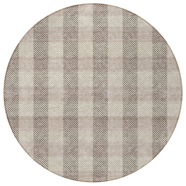 HomeRoots 5' Durable Beige and Brown Plaid Area Rug for Indoor and Outdoor Spaces, Easy-Care and Stylish 8' Round 595459