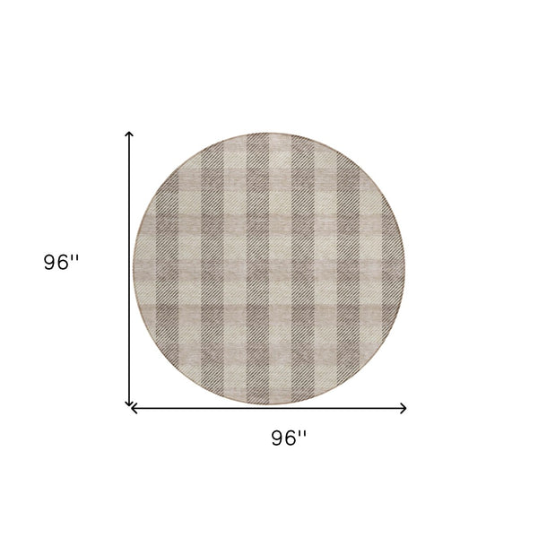 HomeRoots 5' Durable Beige and Brown Plaid Area Rug for Indoor and Outdoor Spaces, Easy-Care and Stylish 8' Round 595459