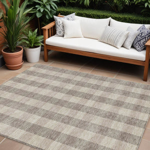 HomeRoots 5' Durable Beige and Brown Plaid Area Rug for Indoor and Outdoor Spaces, Easy-Care and Stylish 10' X 14' 595462