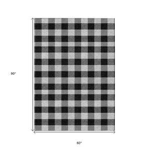 HomeRoots 5' Washable Black Gray and Ivory Plaid Area Rug - Durable, Stylish, Perfect for Indoor and Outdoor Use 5' X 8' 595464