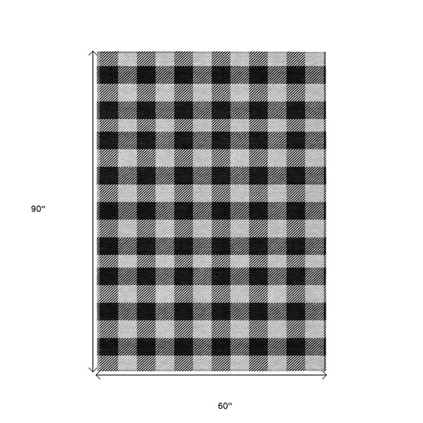 HomeRoots 5' Washable Black Gray and Ivory Plaid Area Rug - Durable, Stylish, Perfect for Indoor and Outdoor Use 5' X 8' 595464