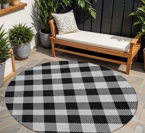 HomeRoots 5' Washable Black Gray and Ivory Plaid Area Rug - Durable, Stylish, Perfect for Indoor and Outdoor Use 8' Round 595465