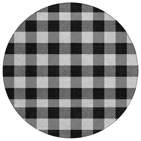 HomeRoots 5' Washable Black Gray and Ivory Plaid Area Rug - Durable, Stylish, Perfect for Indoor and Outdoor Use 8' Round 595465