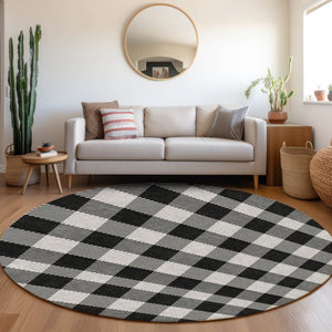 HomeRoots 5' Washable Black Gray and Ivory Plaid Area Rug - Durable, Stylish, Perfect for Indoor and Outdoor Use 8' Round 595465