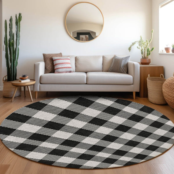 HomeRoots 5' Washable Black Gray and Ivory Plaid Area Rug - Durable, Stylish, Perfect for Indoor and Outdoor Use 8' Round 595465