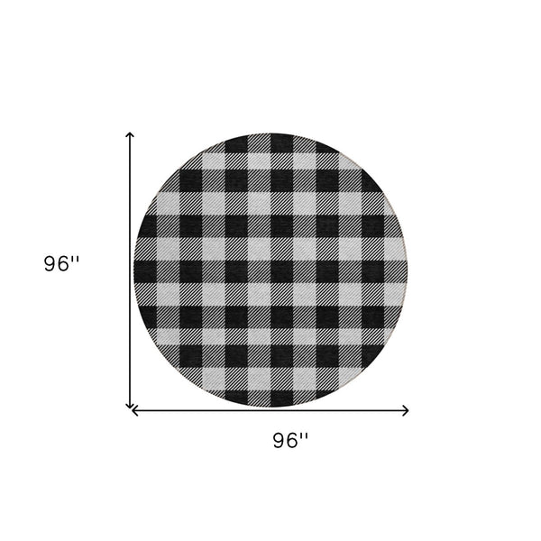 HomeRoots 5' Washable Black Gray and Ivory Plaid Area Rug - Durable, Stylish, Perfect for Indoor and Outdoor Use 8' Round 595465