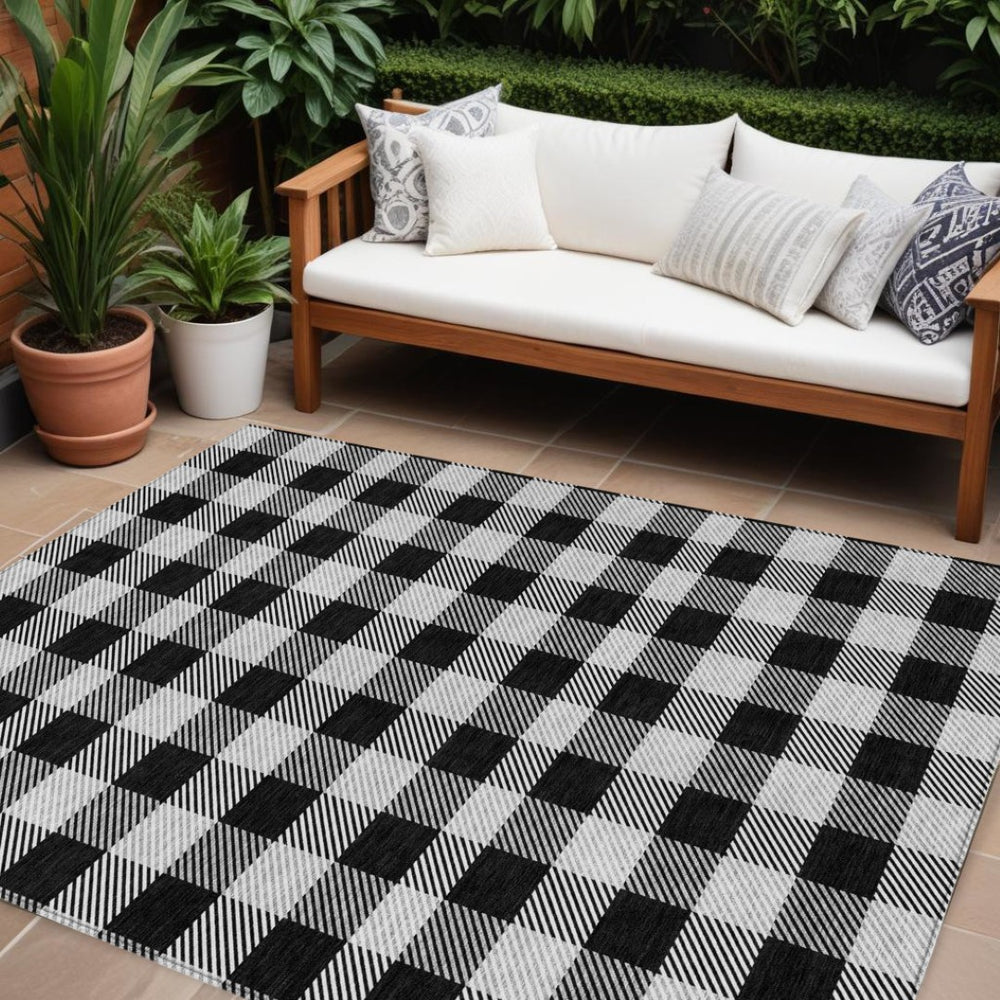 HomeRoots 5' Washable Black Gray and Ivory Plaid Area Rug - Durable, Stylish, Perfect for Indoor and Outdoor Use 8' X 10' 595466