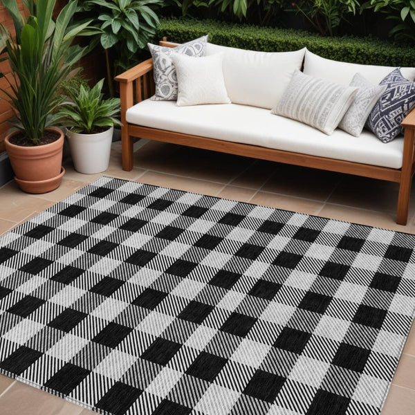 HomeRoots 5' Washable Black Gray and Ivory Plaid Area Rug - Durable, Stylish, Perfect for Indoor and Outdoor Use 10' X 14' 595468