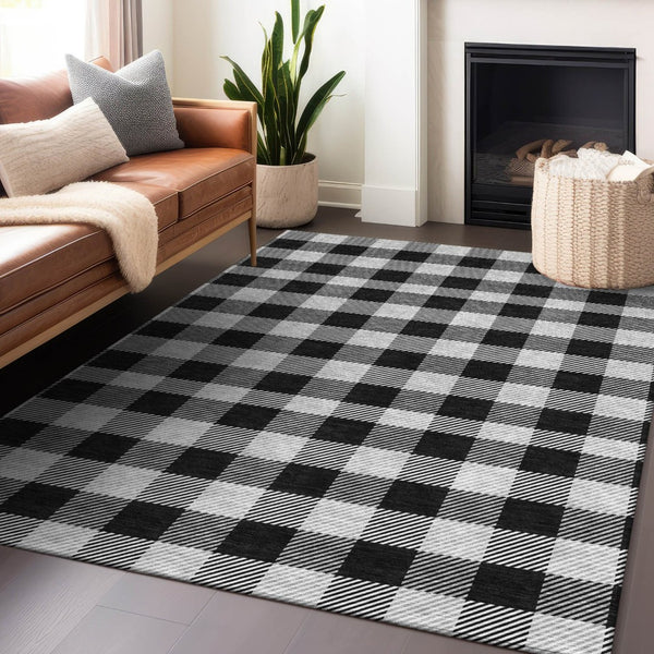 HomeRoots 5' Washable Black Gray and Ivory Plaid Area Rug - Durable, Stylish, Perfect for Indoor and Outdoor Use 10' X 14' 595468