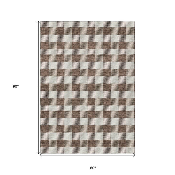 HomeRoots 5' Timeless Brown and Beige Plaid Area Rug – Durable, Washable Indoor/Outdoor Design for Every Space 5' X 8' 595470