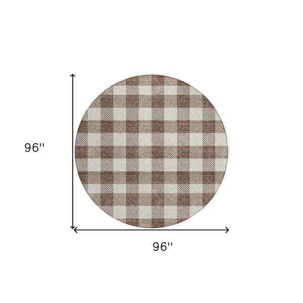 HomeRoots 5' Timeless Brown and Beige Plaid Area Rug – Durable, Washable Indoor/Outdoor Design for Every Space 8' Round 595471