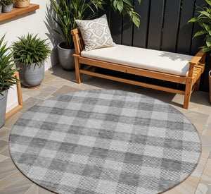HomeRoots 5' Stylish Gray and Charcoal Plaid Washable Area Rug - Perfect for Indoor and Outdoor Spaces 8' Round 595483