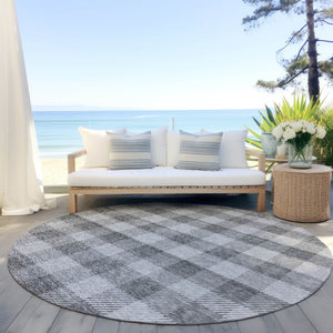 HomeRoots 5' Stylish Gray and Charcoal Plaid Washable Area Rug - Perfect for Indoor and Outdoor Spaces 8' Round 595483