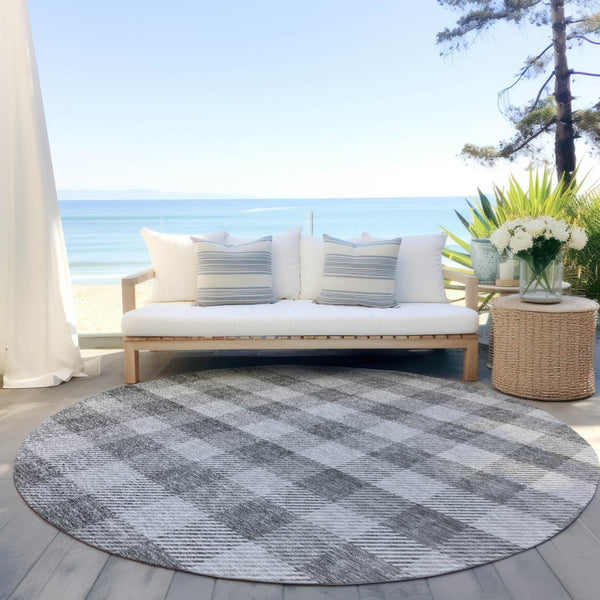 HomeRoots 5' Stylish Gray and Charcoal Plaid Washable Area Rug - Perfect for Indoor and Outdoor Spaces 8' Round 595483