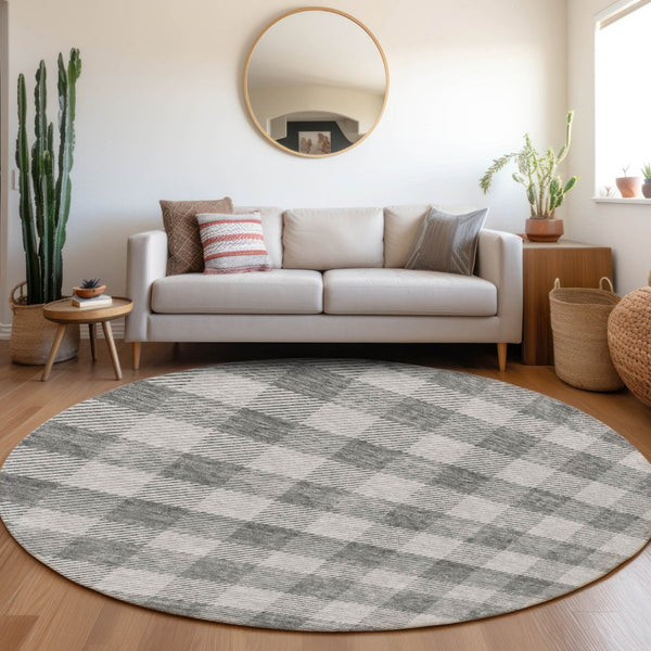 HomeRoots 5' Stylish Gray and Charcoal Plaid Washable Area Rug - Perfect for Indoor and Outdoor Spaces 8' Round 595483