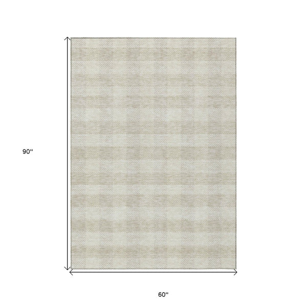 HomeRoots 5' Ivory and Beige Plaid Washable Area Rug for Indoor and Outdoor Use - Durable, Stylish & Easy Care 5' X 8' 595488