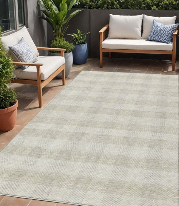 HomeRoots 5' Ivory and Beige Plaid Washable Area Rug for Indoor and Outdoor Use - Durable, Stylish & Easy Care 5' X 8' 595488